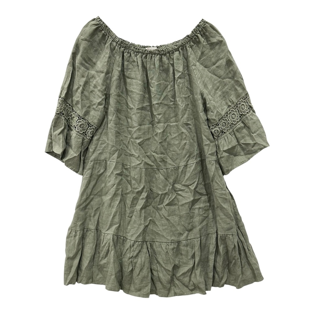 Terzo Millennio Women XL Linen Dress Olive Green Italy Boho Crochet Tiered